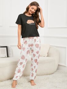 Conjunto de pijama con estampado de letra y corazón - Blanco y Negro - Ver 4