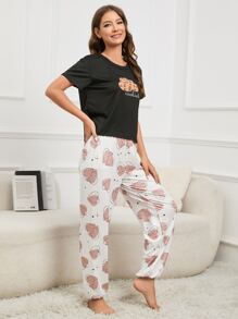 Conjunto de pijama con estampado de letra y corazón - Blanco y Negro - Ver 5