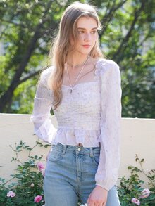 Square Neck Ruched Bust Ruffle Hem Blouse - Lilac Purple - View 7