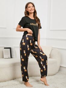 Letter & Cartoon Graphic PJ Set - Black - View 3