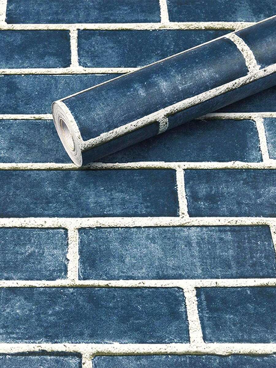 1roll PVC Wall Paper, Brick Pattern Self-Adhesive Removable Wall Decal For Home Decoration - Cadet Blue - View 1