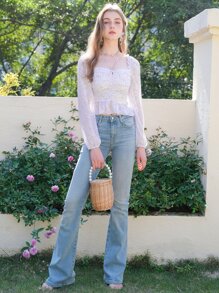 Square Neck Ruched Bust Ruffle Hem Blouse - Lilac Purple - View 8