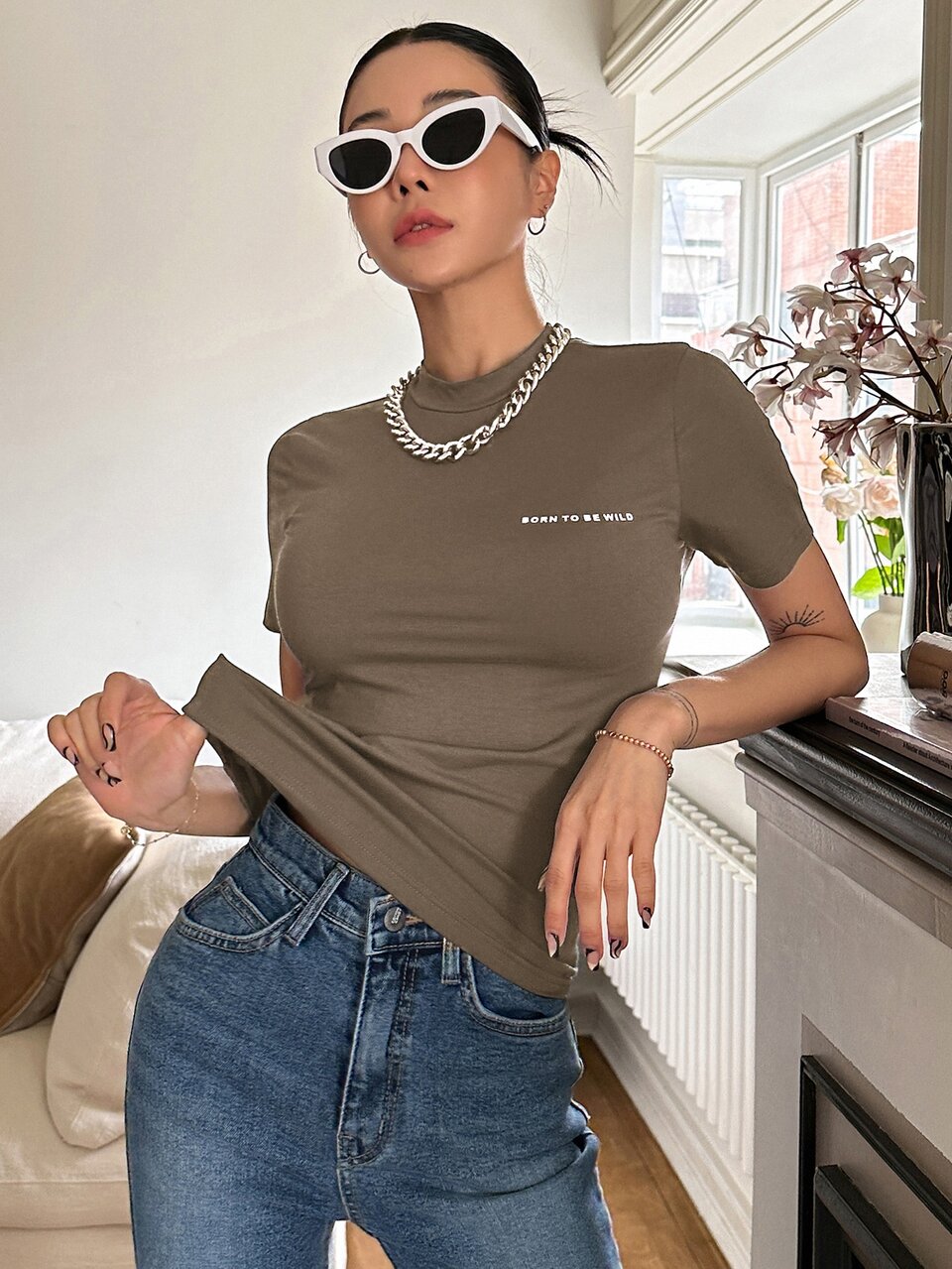 Letter Graphic Mock Neck Tee