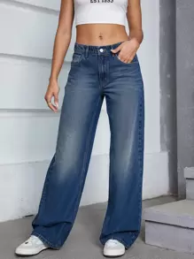 SHEIN EZwear 斜口袋闊腿牛仔褲 - 深色水洗藍 - 查看 3