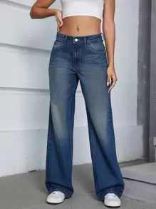 SHEIN EZwear 斜口袋闊腿牛仔褲 - 深色水洗藍 - 查看 5