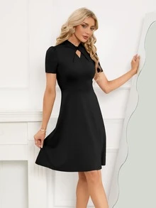 Đầm Cắt ra Dây kéo màu trơn Thanh lịch - màu đen - Xem 4