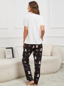 Cartoon Rabbit & Cherry Print Patched Pocket PJ Set - Multicolor - View 2