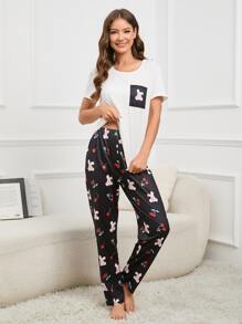 Cartoon Rabbit & Cherry Print Patched Pocket PJ Set - Multicolor - View 3