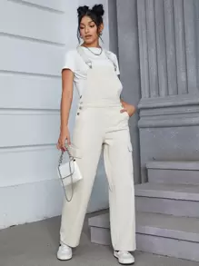 Flap Pocket Side Denim Dungarees Without Tee - Khaki - View 1