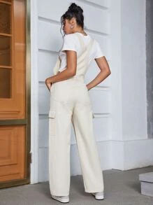 Flap Pocket Side Denim Dungarees Without Tee - Khaki - View 2