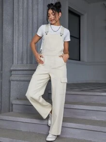 Flap Pocket Side Denim Dungarees Without Tee - Khaki - View 3