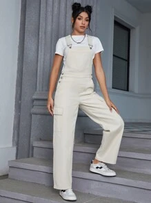 Flap Pocket Side Denim Dungarees Without Tee - Khaki - View 4