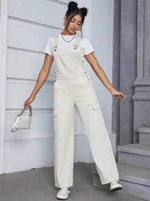 Flap Pocket Side Denim Dungarees Without Tee - Khaki - View 5