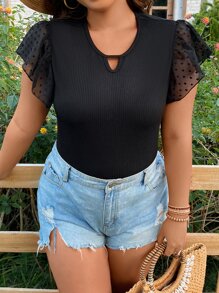 SHEIN LUNE Plus Dobby Mesh Butterfly Sleeve Notched Neck Tee - Black - View 1