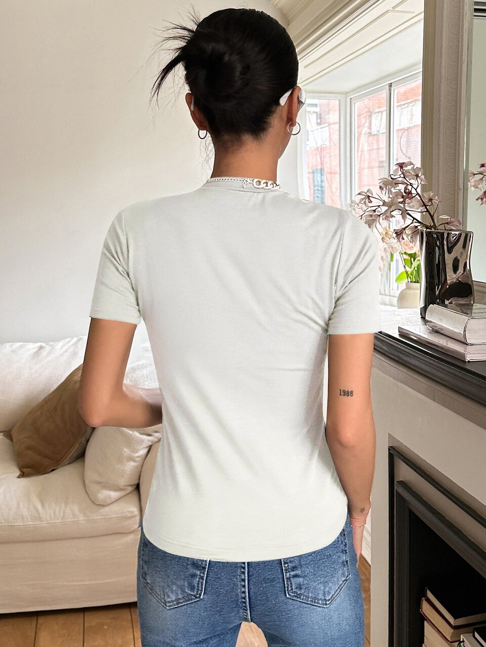 Letter Graphic Mock Neck Tee