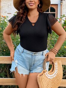 SHEIN LUNE Plus Dobby Mesh Butterfly Sleeve Notched Neck Tee - Black - View 3