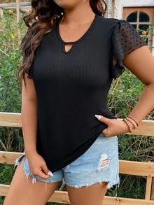 SHEIN LUNE Plus Dobby Mesh Butterfly Sleeve Notched Neck Tee - Black - View 4