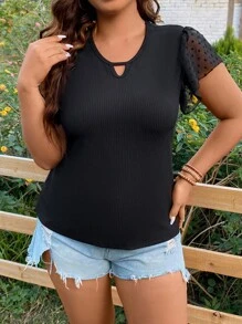 SHEIN LUNE Plus Dobby Mesh Butterfly Sleeve Notched Neck Tee - Black - View 5