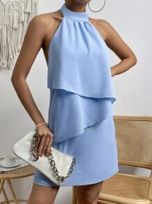 Breezaya Solid Halter Neck Backless Layered Detail Dress - Blue - View 5