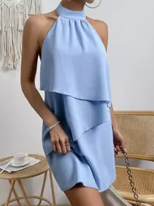 Breezaya Solid Halter Neck Backless Layered Detail Dress - Blue - View 6