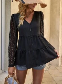 SHEIN Clasi Contrast Lace Sleeve Ruffle Hem Smock Blouse - Black - View 1