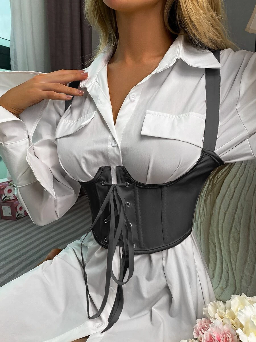 Lace Up Front Underbust Corset - Black - View 1
