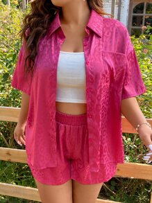SHEIN Holidaya 大碼豹紋提花落肩袖襯衫和短褲 - 玫紅色 - 查看 6