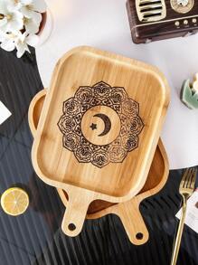 1pc Eid Moon & Mandala Print Tray, Boho Bamboo Single Food Tray For Kitchen