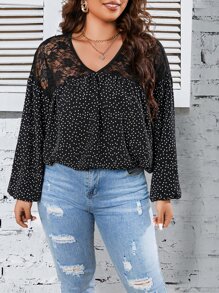 Plus Polka Dot Print Contrast Lace Lantern Sleeve Blouse - Black - View 1