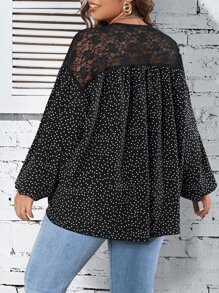 Plus Polka Dot Print Contrast Lace Lantern Sleeve Blouse - Black - View 2