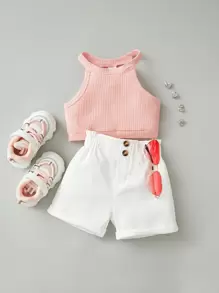 SHEIN Conjunto de top halter y pantalones cortos de cintura alta de papel arrugado de punto acanalado para bebé niña - Multicolor - Ver 1