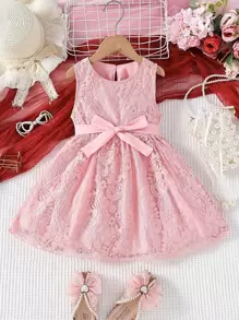 SHEIN Toddler Girls Lace Overlay Keyhole Back Dress - Pink - View 1