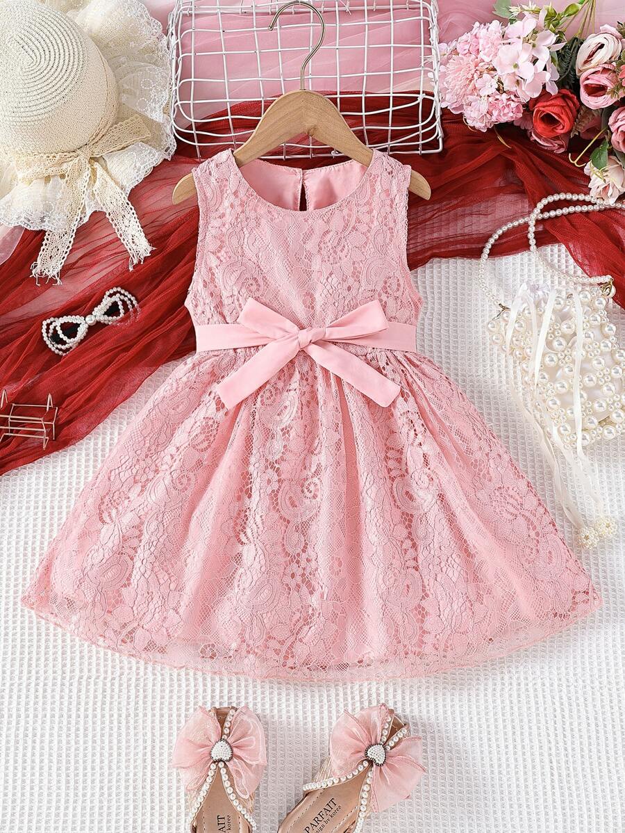 SHEIN Toddler Girls Lace Overlay Keyhole Back Dress - Pink - View 1