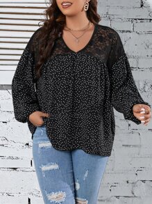 Plus Polka Dot Print Contrast Lace Lantern Sleeve Blouse - Black - View 3