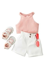 SHEIN Conjunto de top halter y pantalones cortos de cintura alta de papel arrugado de punto acanalado para bebé niña - Multicolor - Ver 3