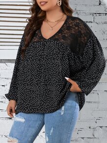 Plus Polka Dot Print Contrast Lace Lantern Sleeve Blouse - Black - View 4