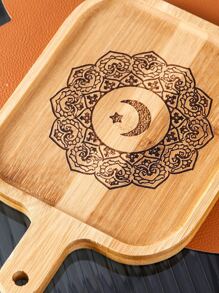 1pc Eid Moon & Mandala Print Tray, Boho Bamboo Single Food Tray For Kitchen