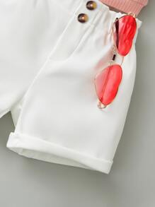 SHEIN Conjunto de top halter y pantalones cortos de cintura alta de papel arrugado de punto acanalado para bebé niña - Multicolor - Ver 4