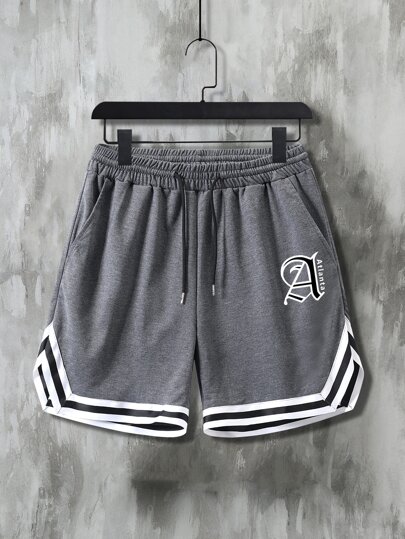 Guys Letter Graphic Striped Trim Drawstring Waist Shorts