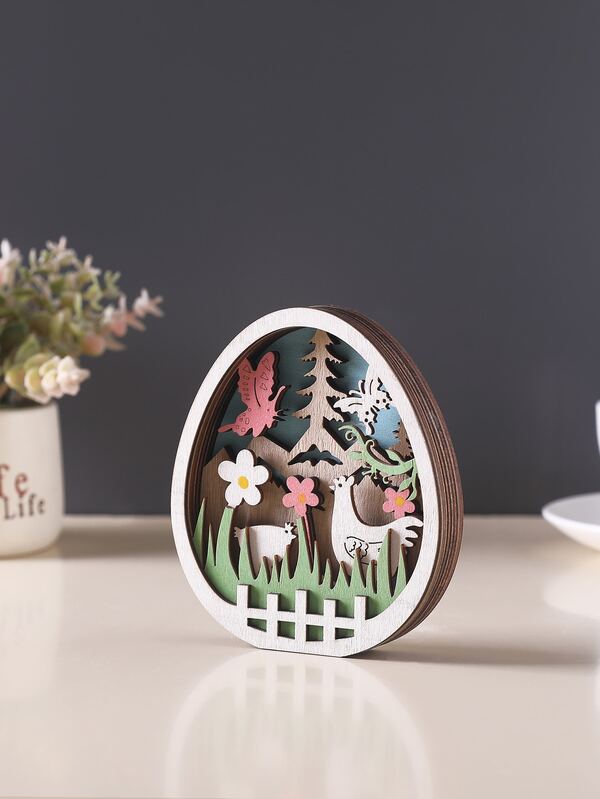 1pc Wooden Decoration Craft, Cartoon Egg Design Animal Detail Decoration Object For Easter
