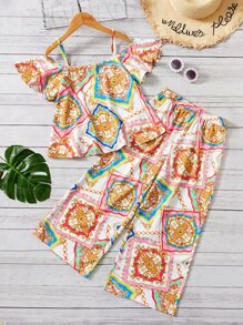 SHEIN 女孩宮廷風和錬條圖案挖肩上衣和闊腿褲 - 彩色 - 查看 1