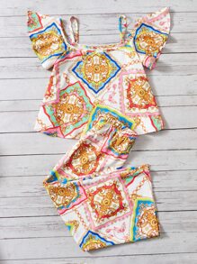 SHEIN 女孩宮廷風和錬條圖案挖肩上衣和闊腿褲 - 彩色 - 查看 2