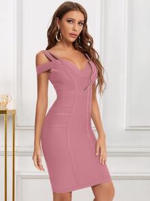 挖肩拉鍊露背緊身洋裝 - 藕粉色 - 查看 4