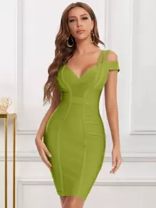 Vestido de vendaje de hombros descubiertos con cremallera de espalda abierta - Verde Lima - Ver 1