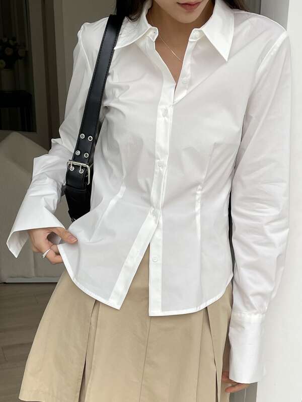 DAZY Solid Button Front Shirt,Long Sleeve Tops,Fall Clothes