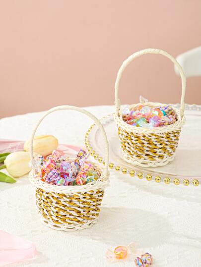 1pc Plastic Storage Basket, Creative Mini Two Tone Woven Design Storage Basket For Desk Decoration