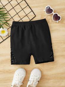 SHEIN 小女童素色騎行褲 - 黑色 - 查看 1