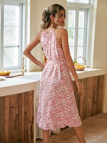 SHEIN VCAY Ditsy Floral Belted Halter Dress - Red - View 2