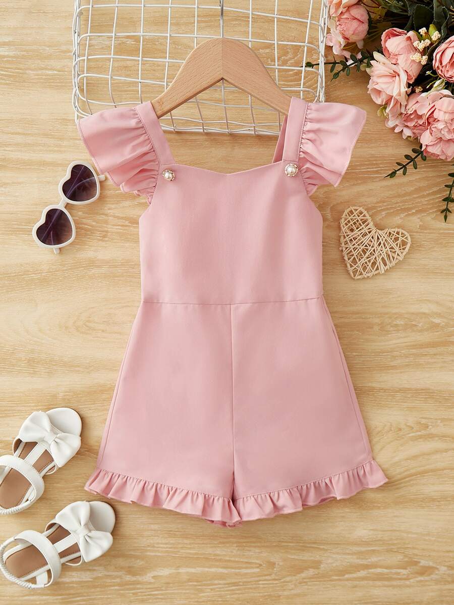 SHEIN Jumpsuit bé gái Xù Viên lá sen màu trơn Dễ thương - Màu Hồng baby - Xem 1