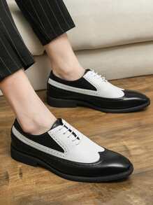 男士翼尖設計雙色圓頭男士正裝鞋時尚牛津鞋 - 黑與白 - 查看 1